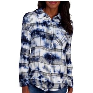 C&C California tie-dye blue plaid button up shirt